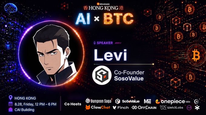 Promotional graphic for an 'AI x BTC' event in Hong Kong on 8/28 featuring speaker 'Levi, Co-Founder of SoSoValue' with an anime-style character portrait, hosted by organizations including ClawChat, FinCh, and OffChain.