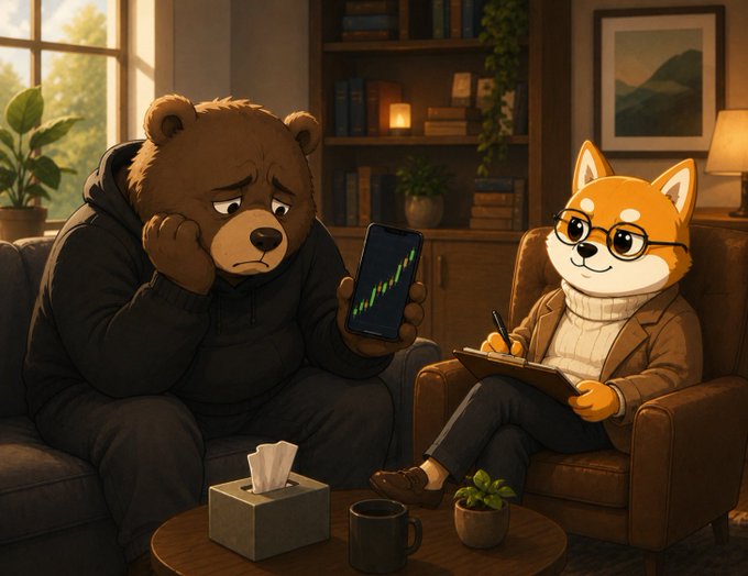 An animated scene shows a sad-looking bear in a dark hoodie looking at a downward-trending stock chart on his phone, while a fox wearing glasses and a brown cardigan takes notes on a clipboard in a cozy room.