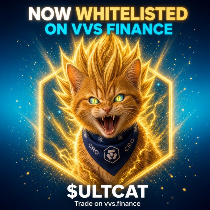 A promotional image for $ULTCAT announcing it is 'NOW WHITELISTED ON VVS FINANCE', featuring an illustrated orange tabby cat with glowing green eyes wearing a CRO bandana, surrounded by a golden hexagon and lightning effects.