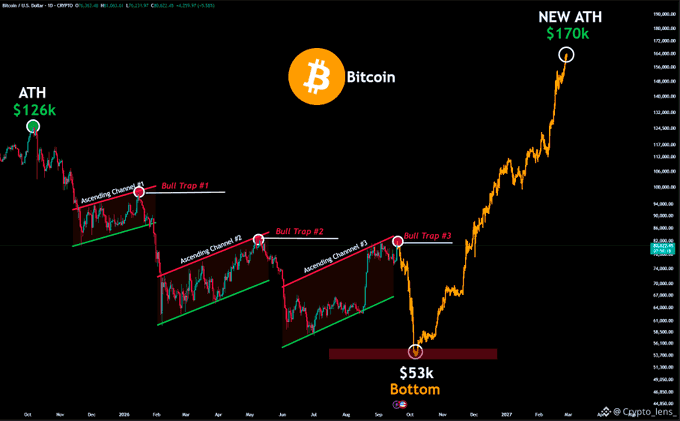 A Bitcoin price chart from Crypto lens showing an ATH of $126k, a bottom of $53k, and a new ATH of $170k, with three bull traps marked.