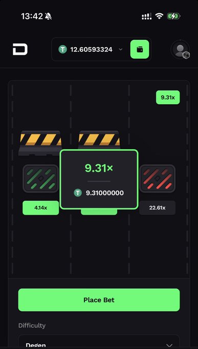 A screenshot of the degen.com betting platform showing a successful "Place Bet" on a game with a 9.31x multiplier, resulting in a payout of 9.31000000 T coins, illustrating a profitable "soft launch" win as mentioned in the post.