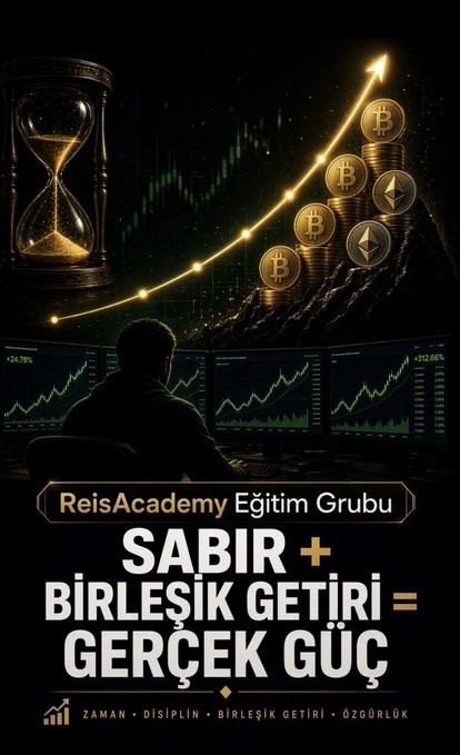 A trader monitors rising crypto charts alongside a glowing upward arrow made of Bitcoin and Ethereum coins, with an hourglass symbolizing time, illustrating the post's message that "Sabır + Bileşik Getiri = Gerçek Güç" (Patience + Compound Returns = True Wealth) through disciplined, long-term investing rather than chasing quick gains.