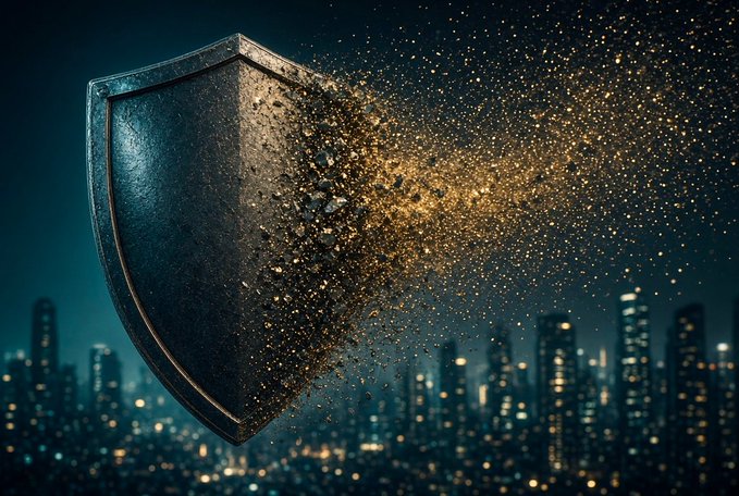 An artistic image of a metal shield crumbling into golden particles and sparks against a nighttime city skyline.