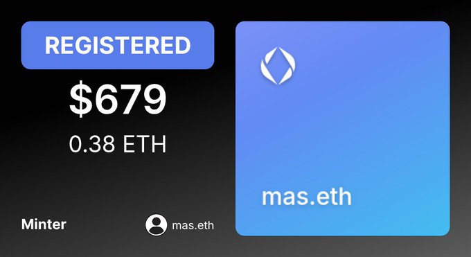 An NFT minting interface showing a 'REGISTERED' status with a price of $679 (0.38 ETH), the username 'mas.eth', and a blue gradient card with a diamond-like icon.