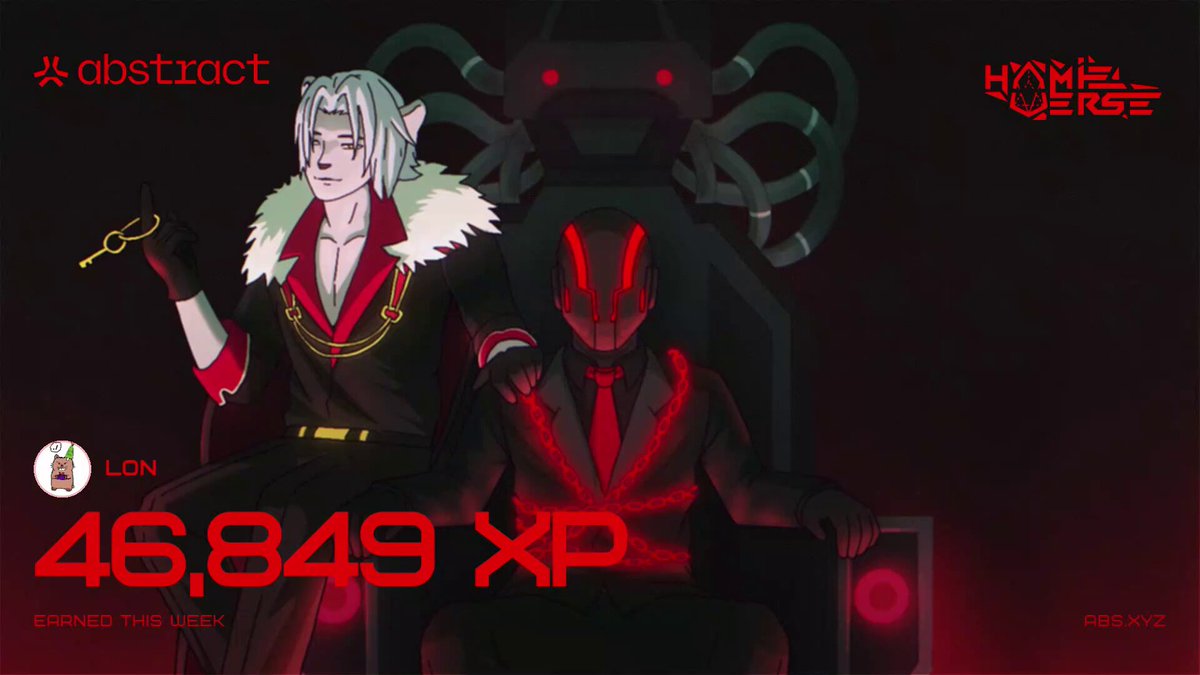 The image features two characters, one wearing a suit with a red scarf and the other dressed in a black suit with a red scarf. They are sitting next to each other, possibly posing for a picture or participating in an event related to the post "Happy @AbstractChain XP Day, Chads! Just pretty much played MoG and Moody Mights this week. Taking my time in Gold tier since I'll upgrade to Platinum in a few weeks." The characters are positioned close together, with one character sitting on top of the other's lap.