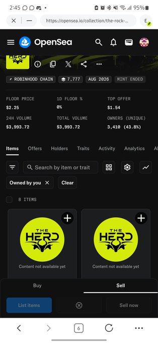 An OpenSea mobile interface showing the 'Robinhood Chain' NFT collection with a floor price of 2.25 ETH, 7,777 items, and yellow 'THE HERD' NFT artwork.