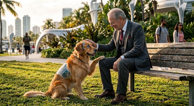 An older man in a gray suit sits on a park bench petting a golden retriever wearing a money-stuffed vest, with a city skyline in the background.