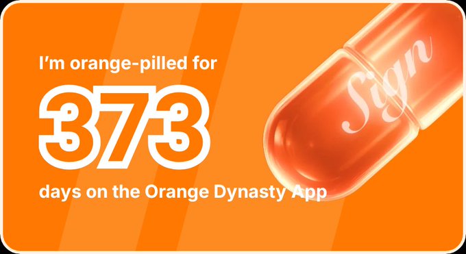 An orange promotional graphic for the "Orange Dynasty App" displaying "373 days" and "I'm orange-pilled for" alongside a pill capsule labeled "Sign".