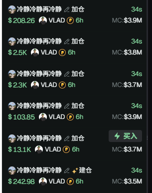 This image appears to be a screenshot from a crypto signal channel showing multiple "buy" (买入) alerts at different entry points ($208.26, $2.5K, $2.3K, $103.85, $13.1K, and $242.98) for the token VLAD on the Solana blockchain, with market caps ranging from $3.5M to $3.9M. The accompanying post directs viewers to a contract address (0x92d176ccbeeffecd8089e841d09ea17b6c22d969) and promotes "the top signal" for followers to act on, which aligns with the buy alerts shown in the image for the VLAD token.