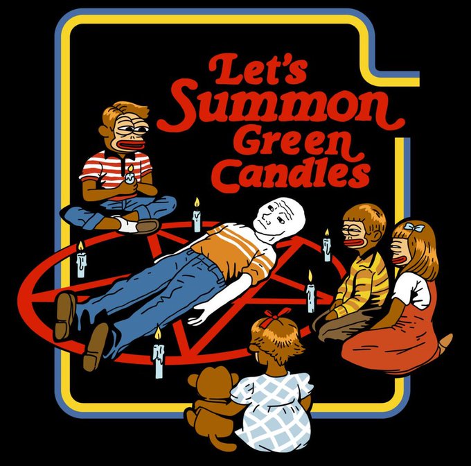 An illustrated graphic with the text "Let's Summon Green Candles" depicts cartoon children and a doll arranged around a red pentagram surrounded by lit candles.