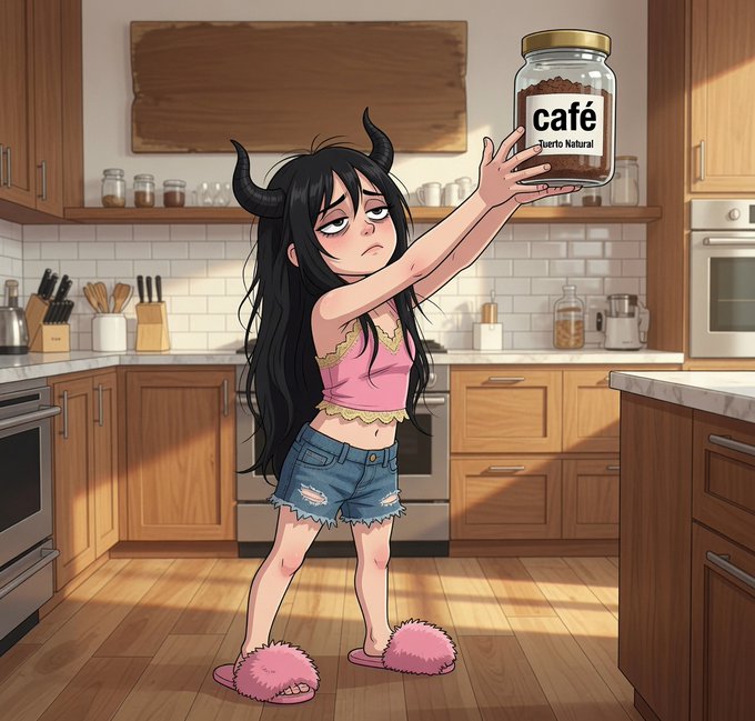 An anime-style character with black horns and long dark hair, wearing a pink top, denim shorts, and pink fluffy slippers, stands in a cozy kitchen holding up a large jar labeled "café - Tuerto Natural." Her tired expression and the oversized coffee jar visually play on the post's theme of needing a strong caffeine boost to regain energy, regardless of activity level.