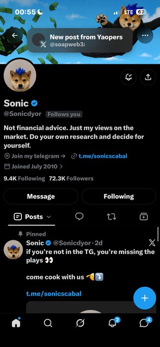 A social media profile page showing a user named 'Sonic' (@Sonicdyor) with a Shiba Inu avatar, featuring a pinned post directing followers to a Telegram channel (t.me/sonicscabal) and stats showing 9.4K Following and 72.3K Followers.