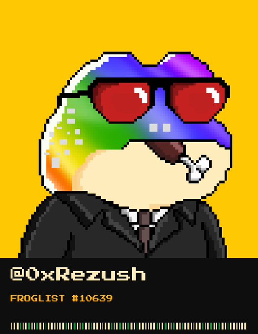 A pixel art illustration of a frog wearing red sunglasses and a black suit with a tie, displayed on a yellow background with the text '@0xRezush' and 'FROGLIST #10639' along with a barcode at the bottom.