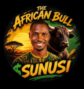 A circular logo features a smiling man wearing a green and yellow shirt, set against an African savanna backdrop with acacia trees, a setting sun, and a large bull behind him, with bold yellow text reading "THE AFRICAN BULL & SUNUSI" — matching the post's title "The African Bull" alongside a Solana contract address.