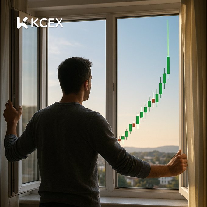 A man opens a window to reveal a green upward-trending candlestick chart overlaid on a cityscape, with the 'KCEX' logo in the corner.