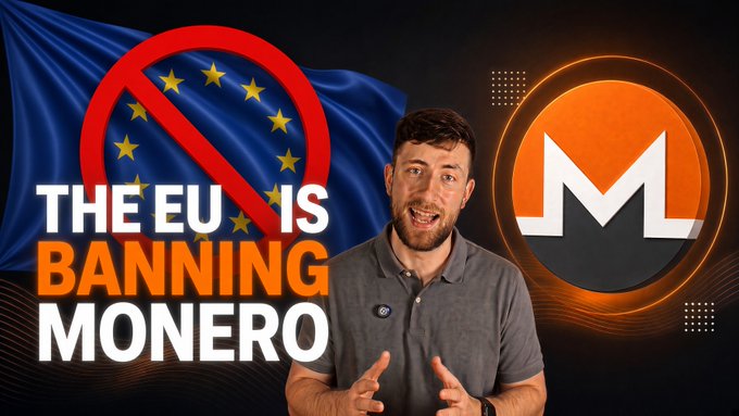 A man stands in front of graphics displaying "THE EU IS BANNING MONERO" alongside an EU flag with a red prohibition symbol and the Monero (XMR) cryptocurrency logo.