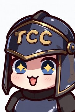 A cute cartoon chibi character wearing a black helmet with gold trim and 'TCC' written on the front, with starry eyes and a happy expression.