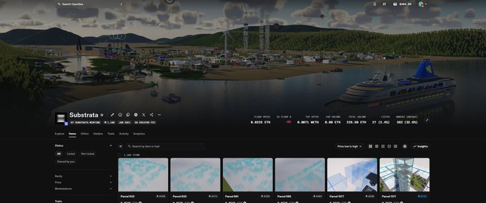 A screenshot from the game 'Substrata' showing a tropical island harbor with a large cruise ship docked, featuring a menu for the Substrata Testnet (AT-899) with various panels visible.