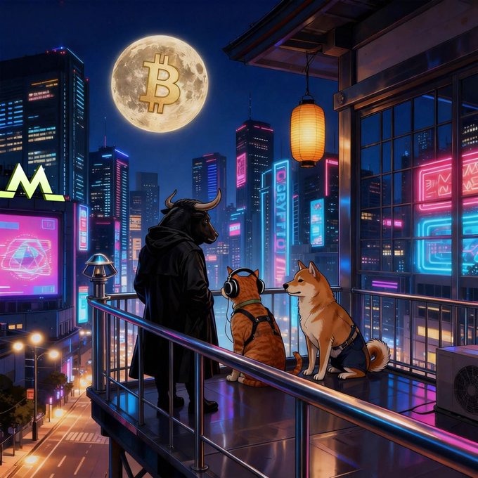 A cyberpunk-style illustration featuring a bull, a cat wearing headphones, and a Shiba Inu dog on a city balcony at night, with a Bitcoin symbol overlaid on a full moon.