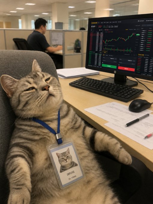 A cat wearing an "EMPLOYEE ID: 10086" badge is lounging in an office chair in front of a computer displaying Binance trading charts, humorously embodying the "easy job" sentiment.