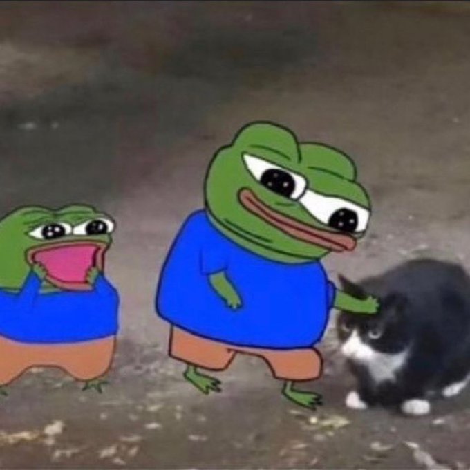 Two Pepe the Frog cartoon figures, one larger in a blue shirt reaching toward a black and white cat, with a smaller shocked-looking Pepe in the background.