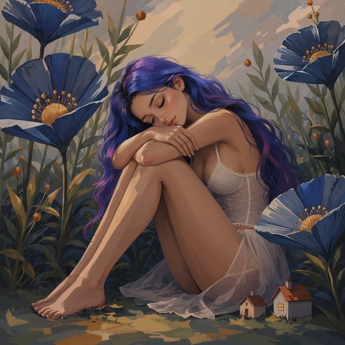 A digital illustration of a woman with long purple hair in a white dress, sitting among large blue flowers, with two small houses in the background.