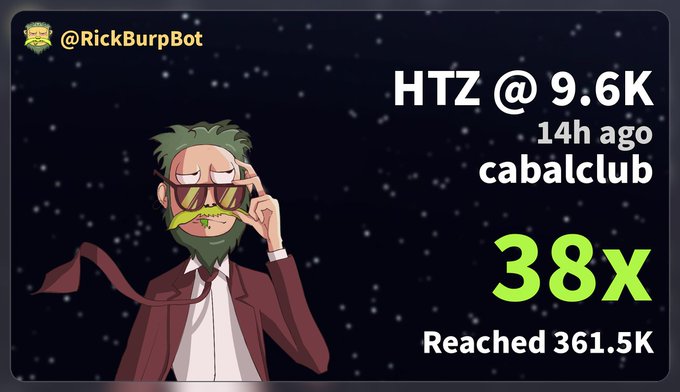 A Rick Burp Bot promotional graphic features an anime-style character in a burgundy suit and sunglasses against a starry background, highlighting a 38X gain on $HTZ called by "cabalclub" that reached 361.5K impressions.