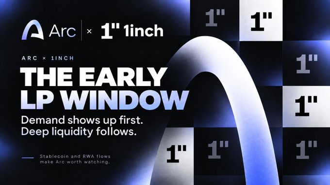 Arc and 1inch partnership advertisement reading 'THE EARLY LP WINDOW - Demand shows up first. Deep liquidity follows' with a subtitle about stablecoin and RWA flows making Arc worth watching.