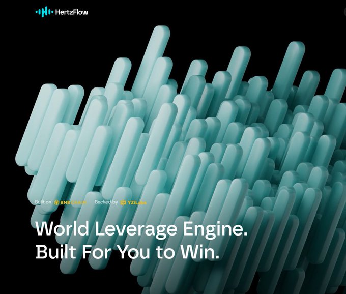 A promotional graphic for HertzFlow featuring abstract teal cylindrical shapes with the text 'World Leverage Engine. Built For You to Win' and mentions 'Built on BNB Chain' and 'Backedby YZi Labs'.
