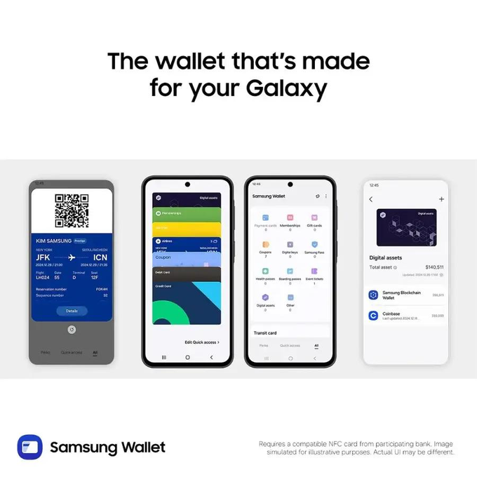 An advertisement for 'Samsung Wallet' displaying four smartphone screens showing digital boarding passes, payment cards, and digital assets, with the tagline 'The wallet that's made for your Galaxy.'