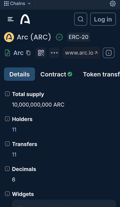 A mobile interface showing details for "Arc (ARC)" token, labeled as ERC-20, with a total supply of 10,000,000,000 ARC and 11 holders.
