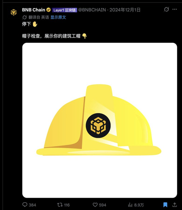 A viral tweet from @BNBCHAIN dated December 1, 2024, showing a yellow construction hard hat with the BNB Chain logo alongside the Chinese text "停下 ✋ 帽子检查，展示你的建筑工帽 🧢" (Stop ✋ Hat check, show your construction hat 🧢), playing on the "Show your hat" meme trend to promote BNB Chain branding.