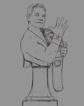 A pencil sketch of a statue depicting a man in a suit holding up his hand in a stopping gesture.