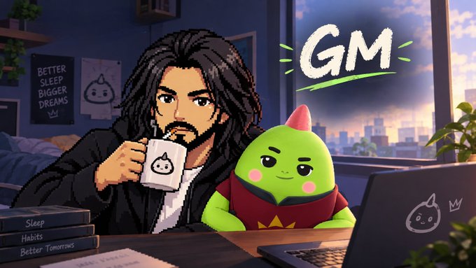 An animated illustration of a long-haired man drinking from a mug labeled 'GM' alongside a green character in a red hoodie at a desk, with 'GM' text in the sky and books labeled 'Sleep,' 'Habits,' and 'Better Tomorrows' nearby.