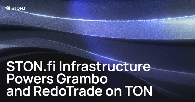 A sleek blue digital graphic displays the headline "STON.fi Infrastructure Powers Grambo and RedoTrade on TON" alongside the STON.fi logo, visually announcing the integration of STON.fi's infrastructure with Grambo and RedoTrade within the TON ecosystem as highlighted in the accompanying post about enhanced token creation and trading connectivity.