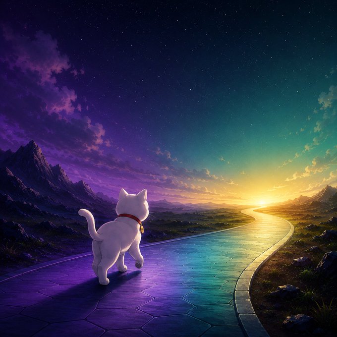 A white cat walks along a winding path toward a radiant sunrise, with a starry twilight sky transitioning from purple to gold overhead. The image embodies the post's message of a purposeful journey unfolding—one where each step leads toward a brighter, clearer destination, mirroring the promising horizon ahead for the $SHIRO memecoin.