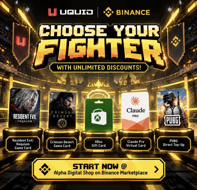 An advertisement for UQUID and Binance featuring the text 'CHOOSE YOUR FIGHTER WITH UNLIMITED DISCOUNTS' and showcasing digital cards for Resident Evil: Requiem, Crimson Desert, Xbox, Claude Pro, and PUBG.