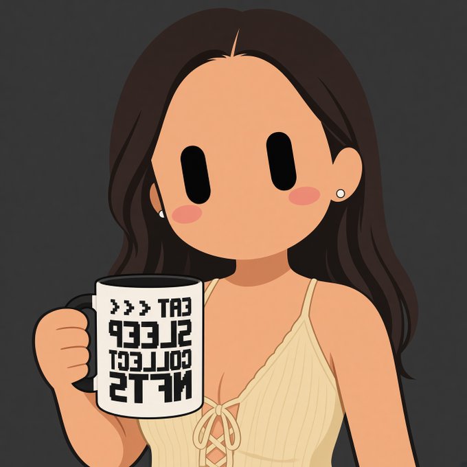 An anime-style illustration of a girl with long dark hair and a white top holding a coffee mug with pixel-style text reading 'EAT SLEEP COLLECT NFTS'.