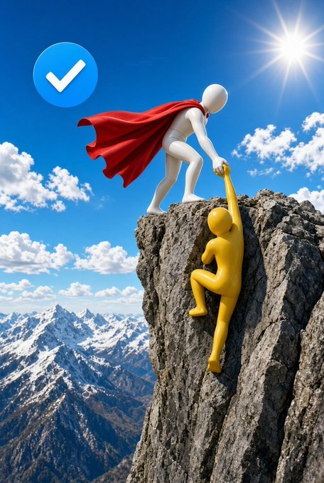 A 3D rendered scene depicts a white superhero figure in a red cape pulling a yellow figure up the edge of a cliff, with a large blue checkmark icon floating in the sky.