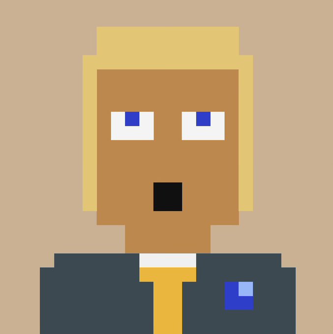 A simple pixel art character with blonde hair, a dark suit, yellow tie, and a blue pocket square has a surprised expression with an open mouth.