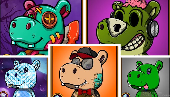 A collage of five cartoon hippo characters in various styles, including a green hippo with a bloody axe, a green zombie-like hippo with headphones, a red-capped hippo, a blue disco-ball hippo, and a green hippo with a purple eye.