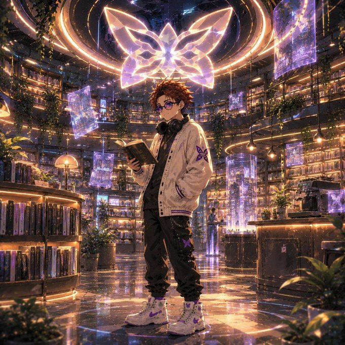 An anime-style illustration of a young man with brown hair and glasses reading a book in a massive, ornate library with a glowing purple butterfly symbol floating above him and holographic screens around the shelves.