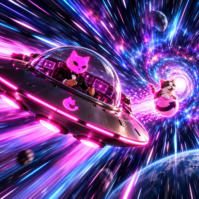 A vibrant digital artwork showing a person wearing a pink cat mask flying a futuristic UFO through a neon space tunnel, accompanied by a real cat on a pink ball.