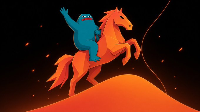 A blue cartoon monster waving while riding an orange low-poly horse rearing on a hill against a dark background with glowing embers.
