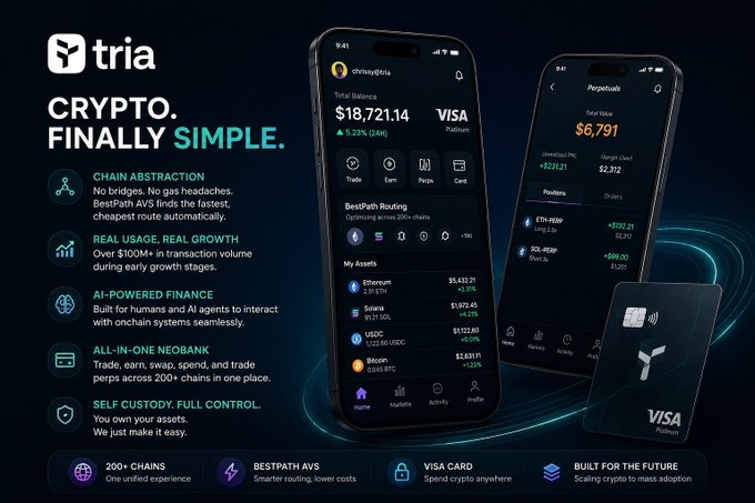 The image shows a collection of old cell phones with Bitcoin transactions displayed on them, including some on Tria Wallet app. The message that accompanies the image reads "Bridges Become Obsolete @useTria Is Why I don' t think the future of crypto is building better bridges. I think it' s making users forget bridges ever existed. Most people don' t care which chain they're on. They don' t want to think about gas, routes, swaps, or moving assets". The image presents a visual representation of how cryptocurrency has replaced traditional methods like exchanging money through banks and other financial systems, highlighting the simplicity and innovation that cryptocurrency brings into users' lives.