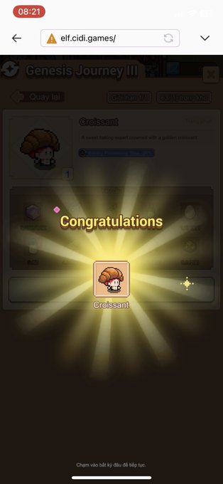 A screenshot from a mobile game showing a "Congratulations" pop-up with a golden "Croissant" reward icon on a "Genesis Journey" screen, which appears to be from the ELF Continent/CiDi Games ecosystem being promoted.