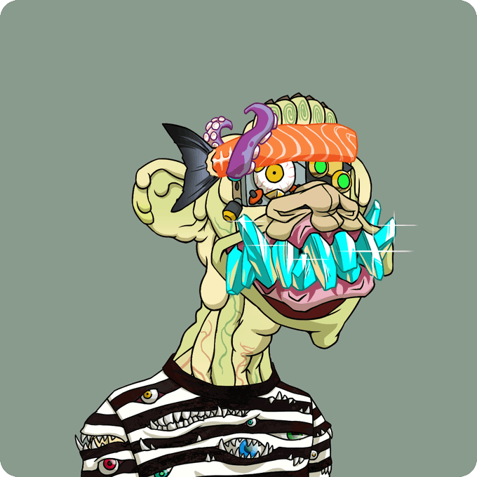 A grotesque cartoon zombie ape character with a fish on its head, a purple tentacle, and sharp crystalline teeth, wearing a striped shirt with multiple monster eyes on a sage green background.