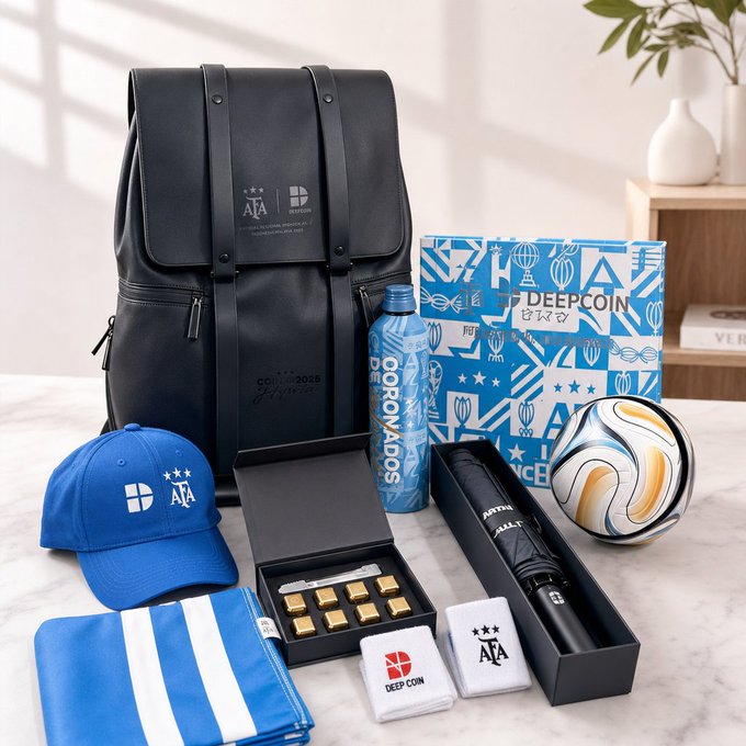 An Argentina national team (AFA) branded gift collection sponsored by Deepcoin, featuring a black backpack, blue cap, scarf, soccer ball, water bottle, chocolates, golf balls, and a boxed umbrella arranged on a marble surface—matching the post's thanks to @deepcoin_cn for the AFA co-branded gift box, with the soccer ball being the highlight the poster's son loved.