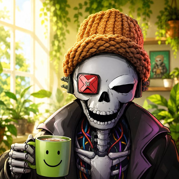 A stylized illustration of a cyberpunk skeleton wearing a knit beanie and holding a green smiley-face mug in a plant-filled room.