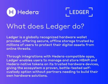 An informational graphic with Hedera and Ledger logos explaining 'What does Ledger do?' — describing it as a hardware wallet provider offering secure offline storage for digital assets including HBAR.